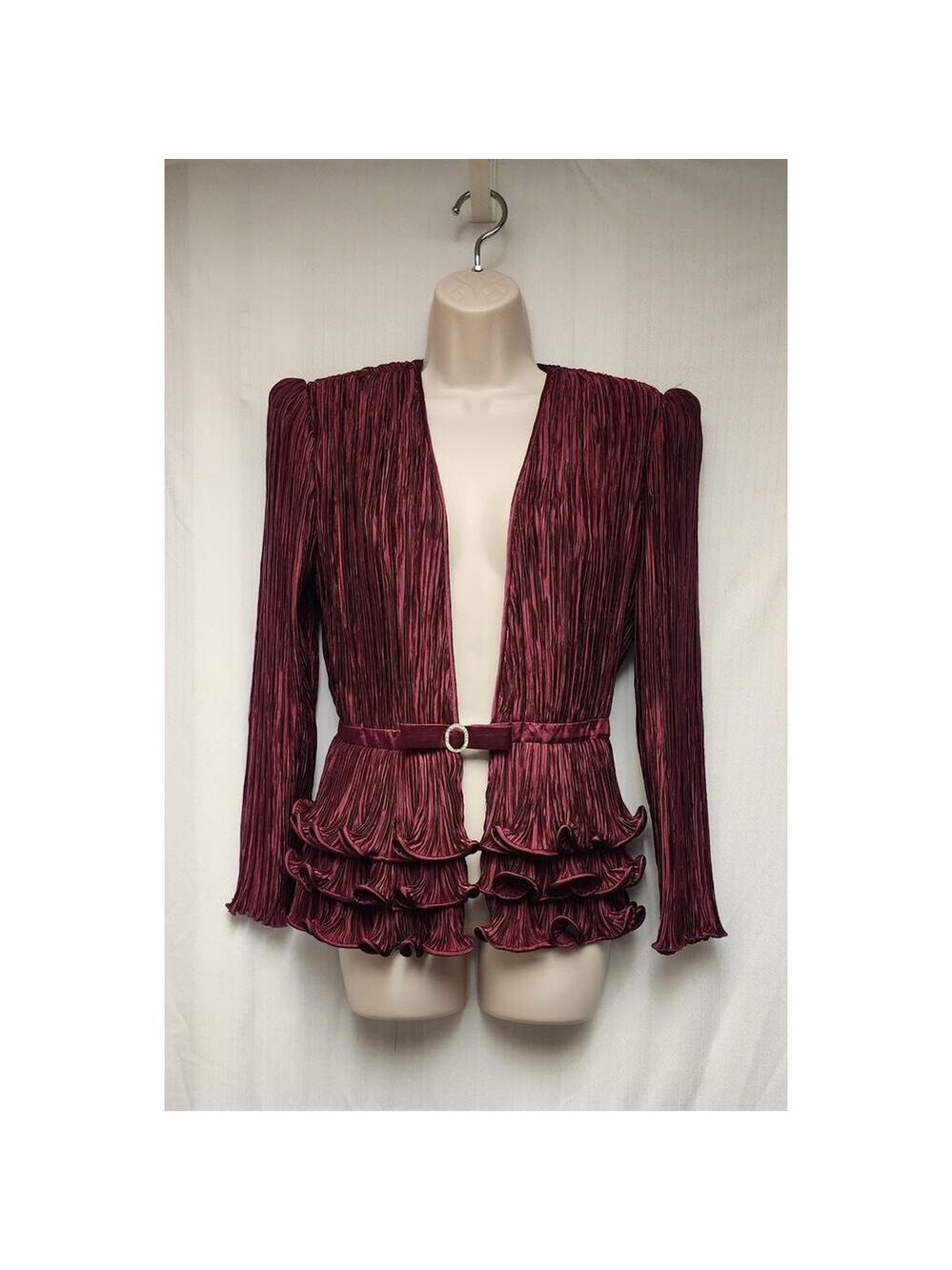 Pierre Labiche VTG 80s Long Sleeve Pleated Chiffon Peplum Ruffle Hem Blouse 8